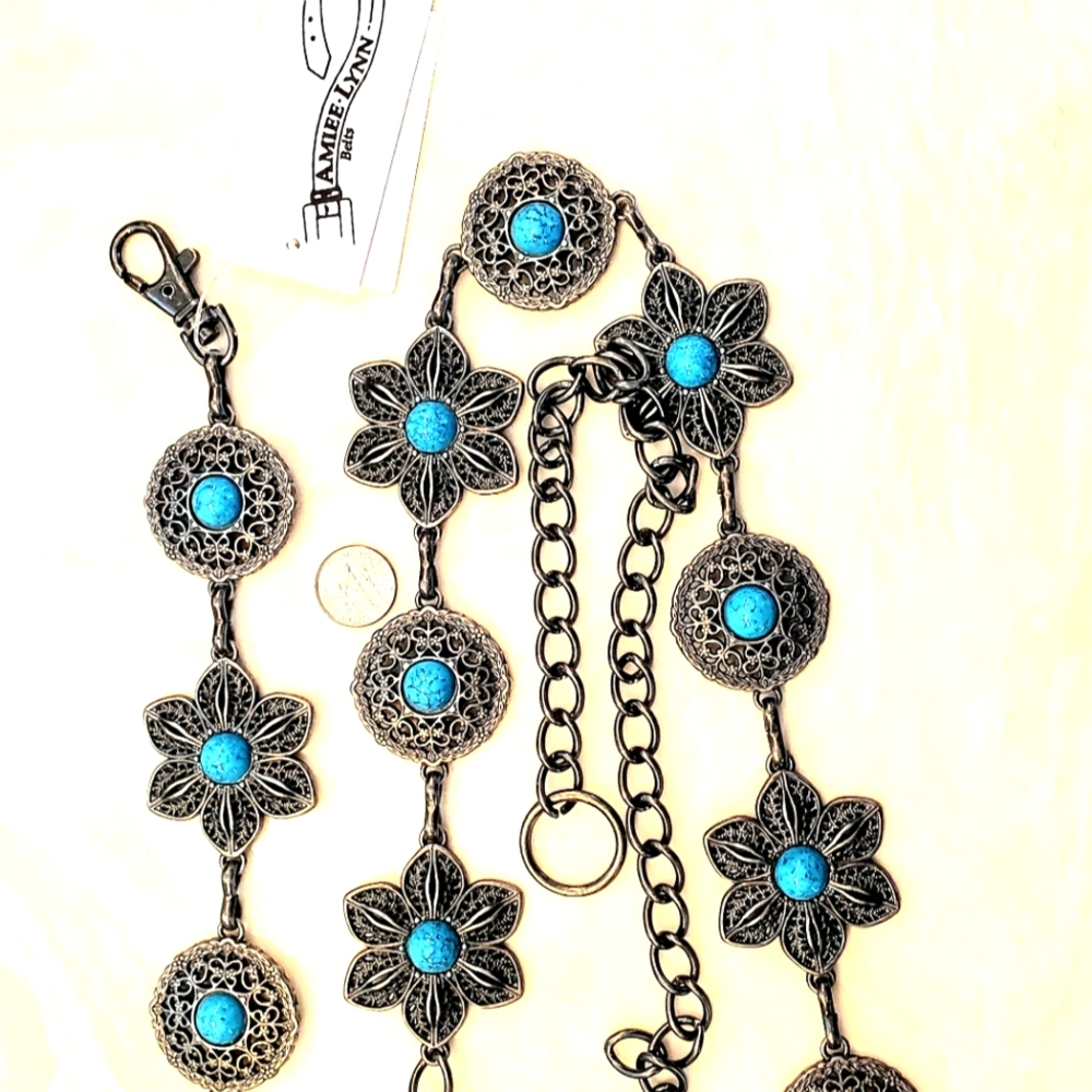 Amiee Lynn Belt Faux Turquoise Medallion  Metal NWT Adustable S M L. XL
